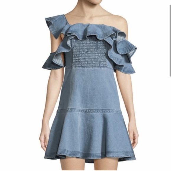 Tanya Taylor Chambray Flutter Sleeve Dress - Picture 1 of 5